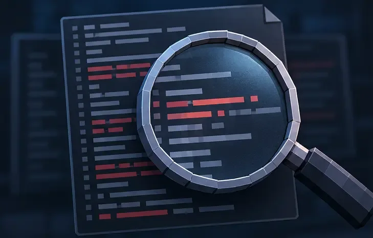 A magnifying glass over highlighted lines in a generic crash log, illustrating how to inspect the actual error details.