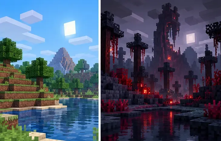 A bright vanilla block world beside a darker modded block world, illustrating a clean-profile comparison test.
