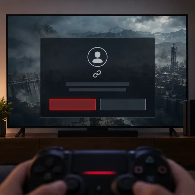 A dark game launch screen with a neutral account-linking panel and two choices, illustrating the sign-in stage