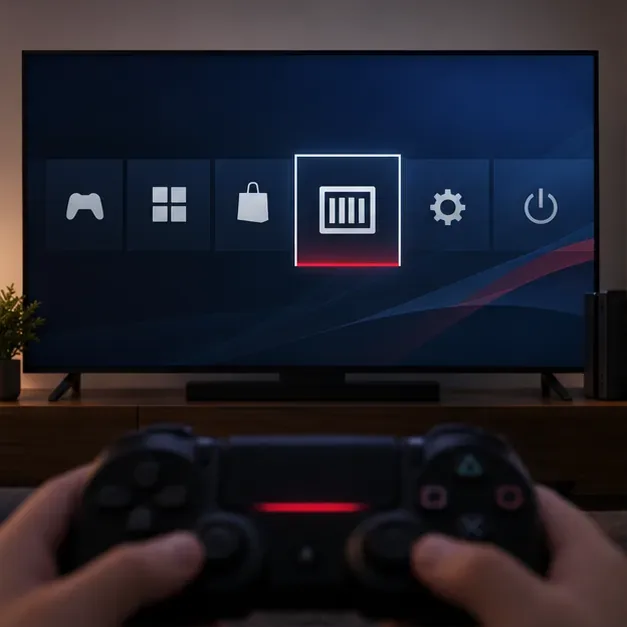 A PS4-style home screen with the Library tile selected, showing where an existing Warzone entitlement can be checked