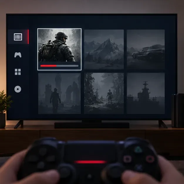 A PS4 Library-style screen showing a selected game tile and a download progress bar