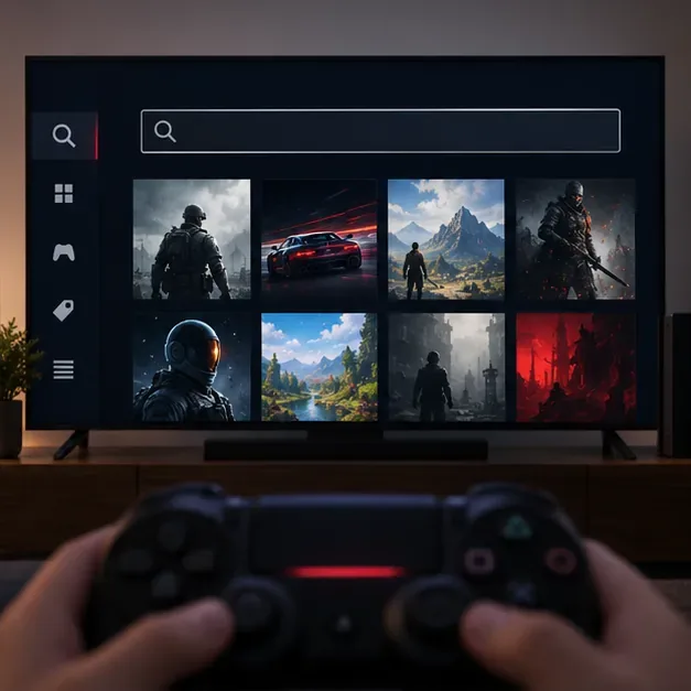 A generic console-store search screen with a search field and game tiles, illustrating how a PS4 Store search may look