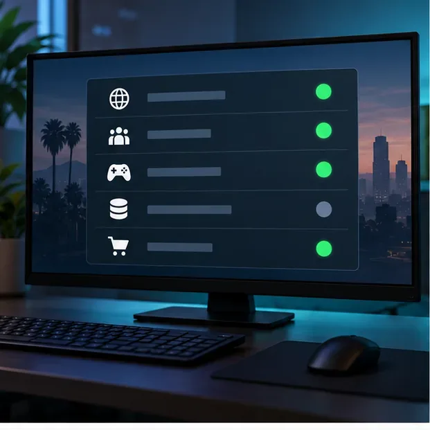 Tablou de bord ilustrativ cu mai multe lumini de stare verzi și un indicator gri pe un monitor