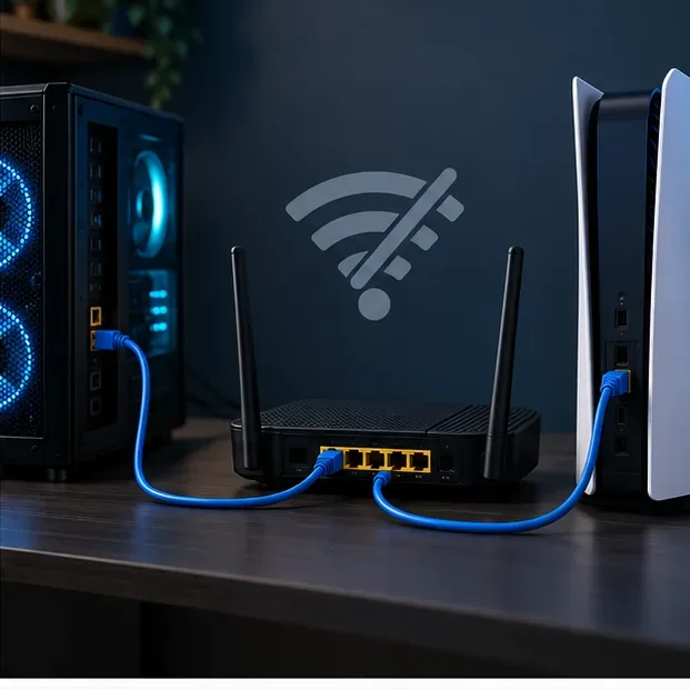 PC și consolă de jocuri conectate la un router de acasă cu cabluri Ethernet, în timp ce un simbol Wi-Fi este tăiat