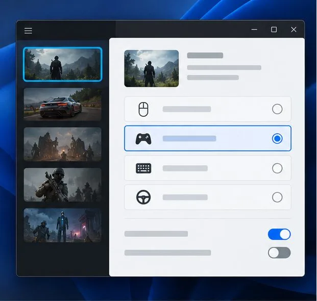 Illustration of a per-game controller settings page with the gamepad input option selected.