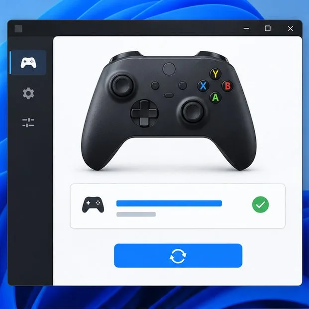 Illustration of a controller firmware utility showing a connected gamepad and an update control.