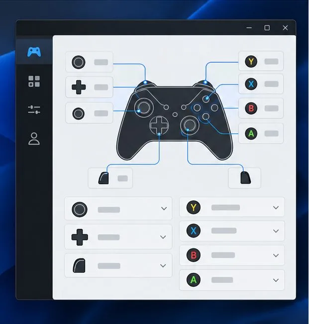 Illustration of a controller layout editor linking gamepad buttons to their assigned controls.