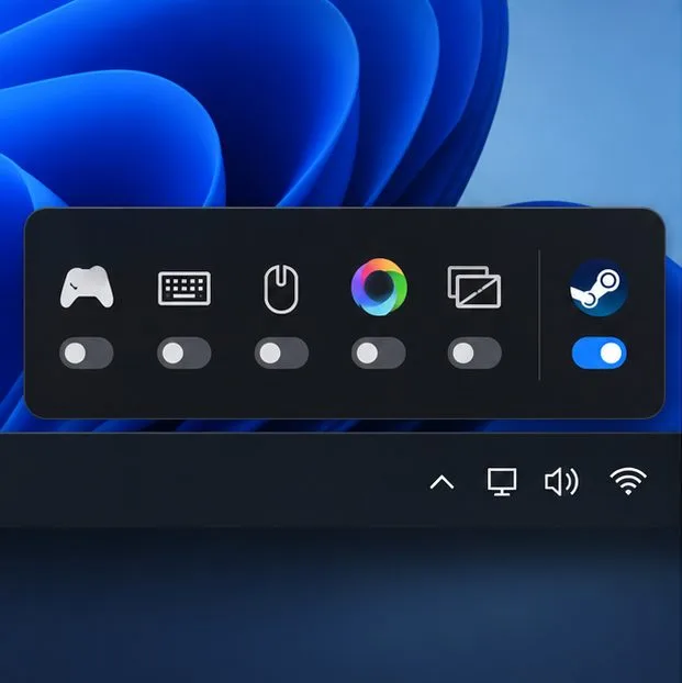 Illustration of desktop input and overlay utilities switched off while Steam remains active.