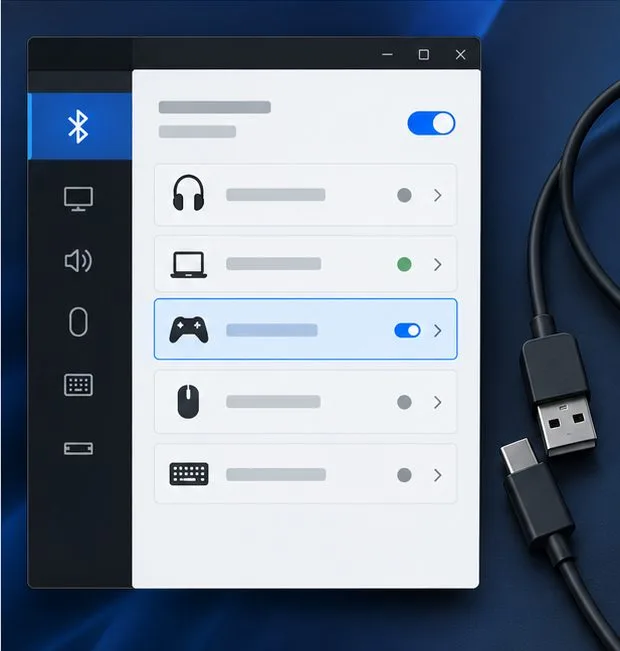 Illustration of a PC Bluetooth device list with a game controller paired and USB cables beside it.