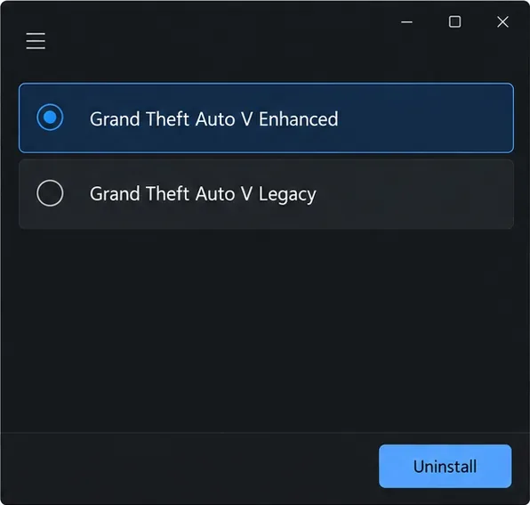 A PC game library listing Grand Theft Auto V Enhanced and Grand Theft Auto V Legacy with an Uninstall control.