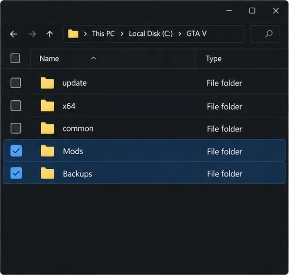 A game folder view with core game folders unselected and user-created Mods and Backups folders selected.