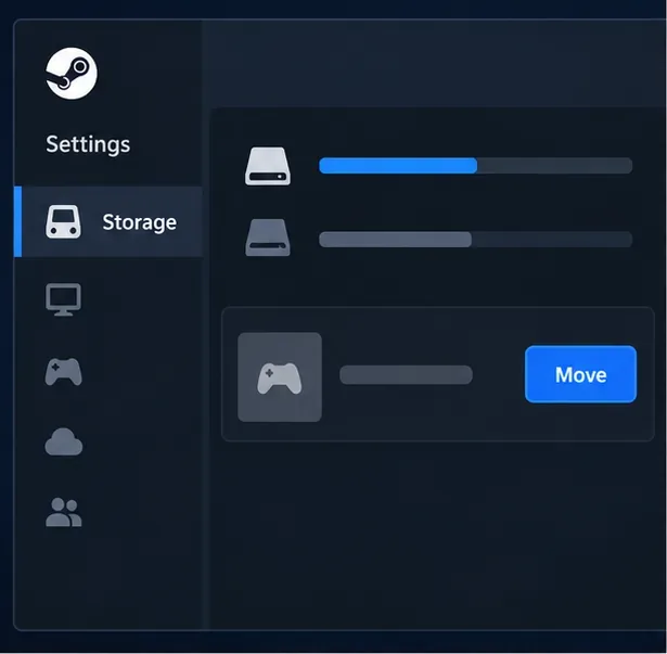 A Steam-style Storage settings screen with a game row and a Move button.