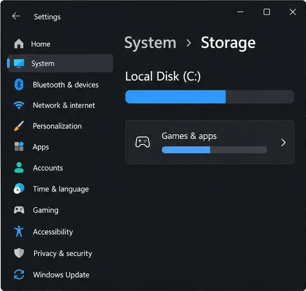 Windows Settings Storage page showing a drive usage bar and the Games & apps category.