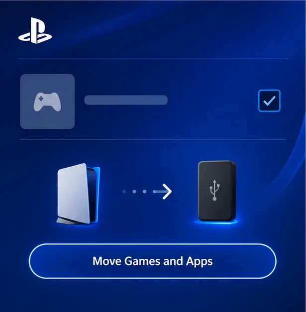 A PlayStation-style storage screen with a Move Games and Apps control and a USB drive destination.