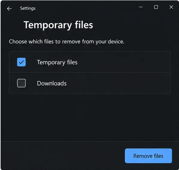 A Windows Temporary files screen with Temporary files selected and Downloads unchecked.