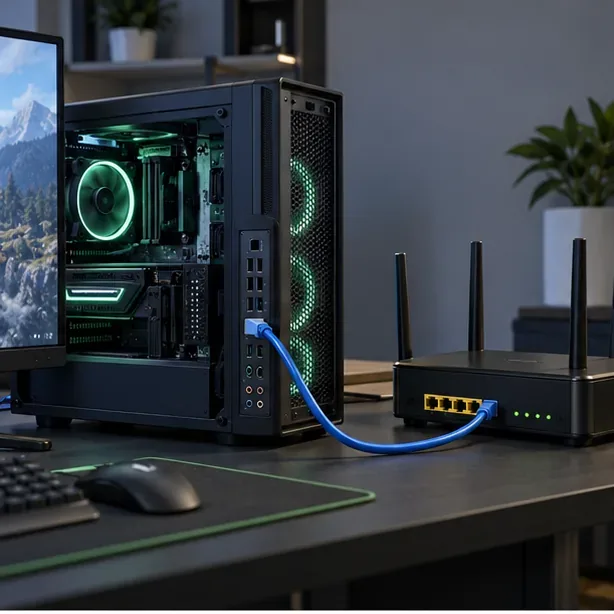 Un PC de gaming conectat direct la un router de acasă printr-un cablu Ethernet