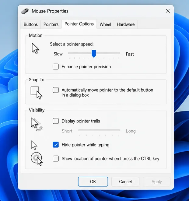 หน้าต่างตัวเลือกตัวชี้เมาส์ของ Windows โดยที่ไม่ได้เลือก "เพิ่มความแม่นยำของตัวชี้"