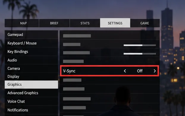 ภาพประกอบสไตล์สกรีนช็อตของเมนูการตั้งค่ากราฟิกในเกม GTA V โดยตั้งค่า V-Sync เป็นปิด