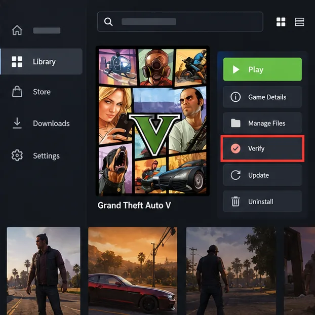 หน้าแสดงตัวอย่างเกมพีซีทั่วไปที่มีเกม Grand Theft Auto V และปุ่มตรวจสอบ (Verify) ที่ถูกไฮไลต์ไว้