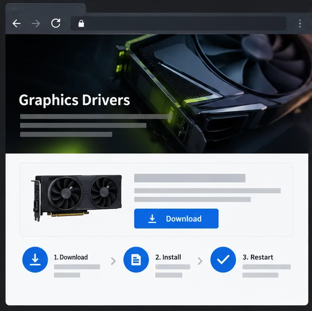 หน้าสนับสนุนไดรเวอร์กราฟิกทั่วไปที่มีการ์ด GPU และส่วนควบคุมการดาวน์โหลด