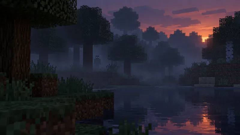 A pale-eyed blocky figure stands in a misty forest across a river at dusk.