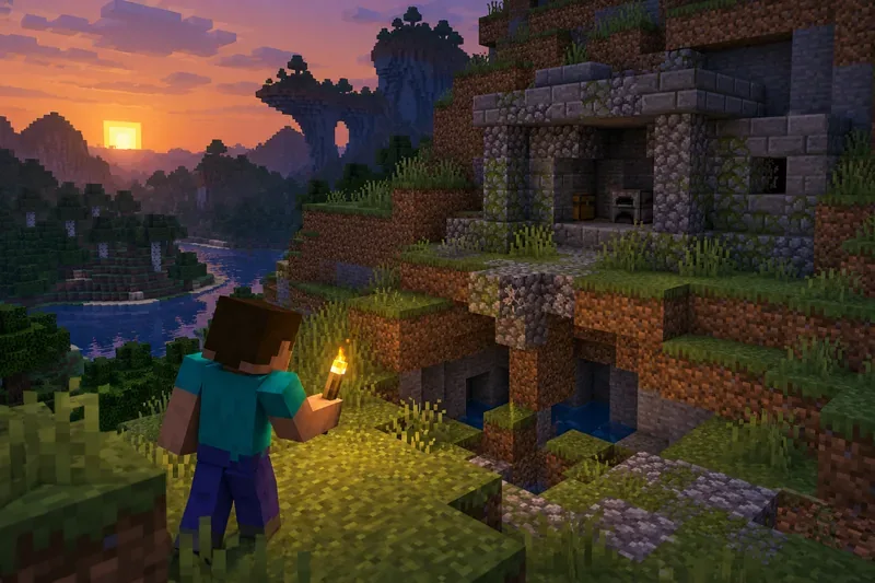 An explorer holding a torch examines a mossy stone shelter built into an uneven hillside.
