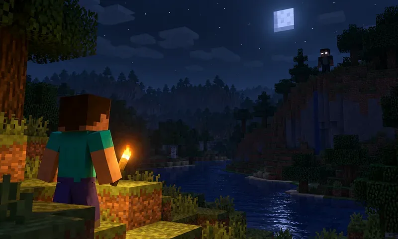 A torch-holding player looks across a river toward a pale-eyed avatar standing on a hill at night.