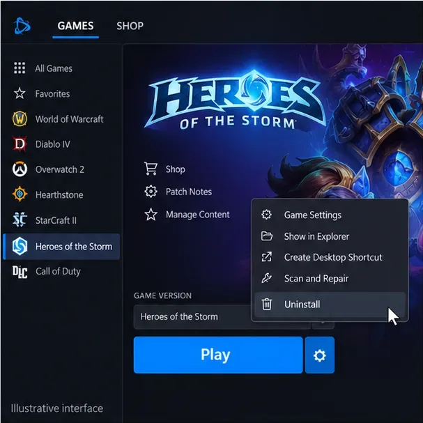 Een illustratief menu van de game-launcher toont de opdracht 'Verwijderen' voor Heroes of the Storm.