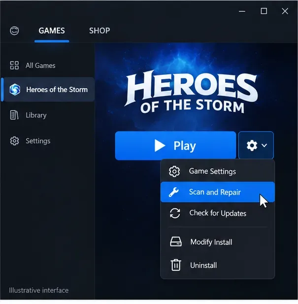 Een illustratief menu van een game-launcher toont 'Scannen' en 'Repareren' geselecteerd naast 'Spelen'.
