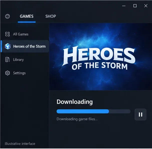 Een illustratief opstartscherm van de game toont Heroes of the Storm dat wordt gedownload, met een voortgangsbalk.