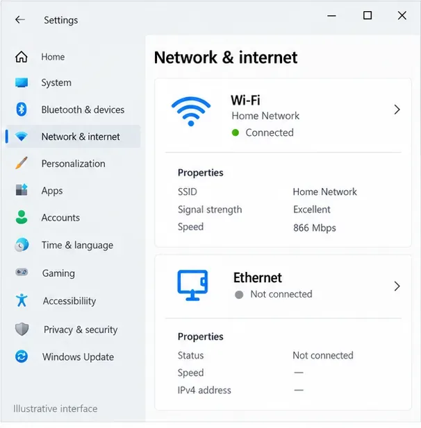 Een illustratief scherm met netwerk- en internetinstellingen van Windows toont Wi-Fi en Ethernet; de verbindingsstatus en doorvoersnelheid zijn slechts voorbeelden.