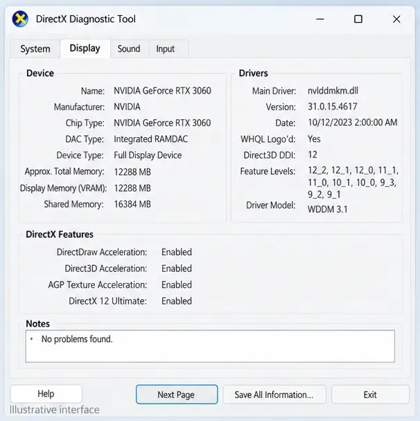 Een voorbeeldvenster van de DirectX-diagnosetool toont het tabblad 'Beeldscherm' geselecteerd met de secties 'Apparaat' en 'Stuurprogramma's'; de hardware- en stuurprogrammawaarden zijn slechts voorbeelden.