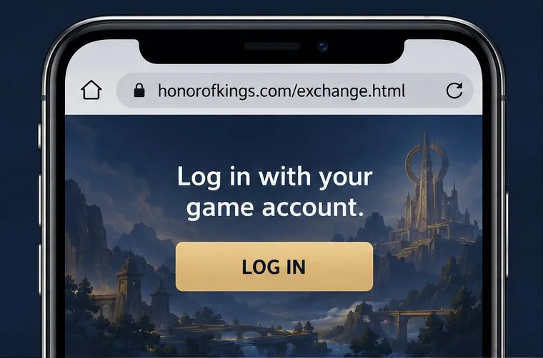 Mobile browser mockup of the official Honor of Kings exchange page showing the game-account login prompt