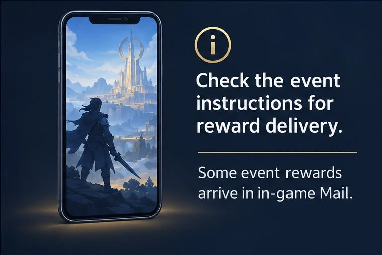 Instruction card reminding players to check the event rules for reward delivery, including in-game Mail for some events