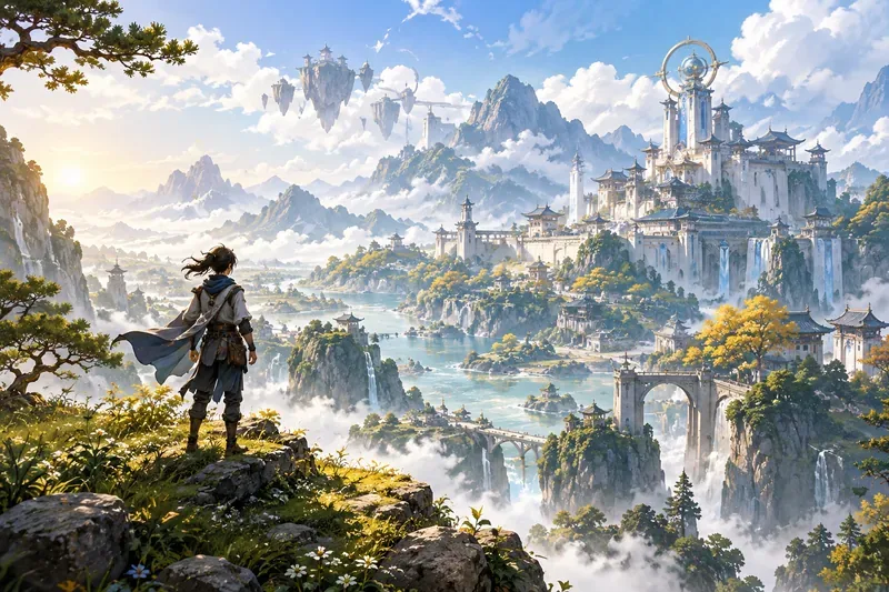 A lone traveler looks across cloud-covered mountains, a river valley, and pale academy-like buildings.