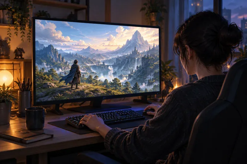 A player sits at a desktop PC showing a fantasy valley during a private testing session.
