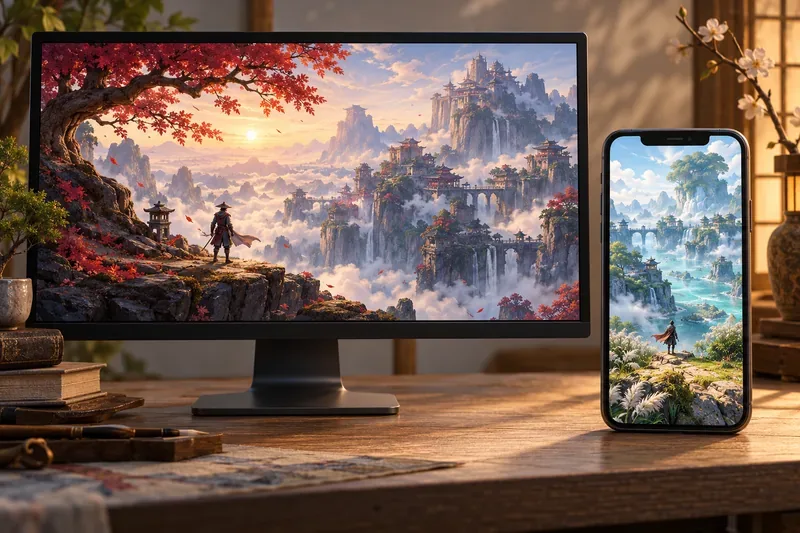 A desktop monitor and smartphone display fantasy landscapes side by side, representing separate PC and mobile launch milestones.