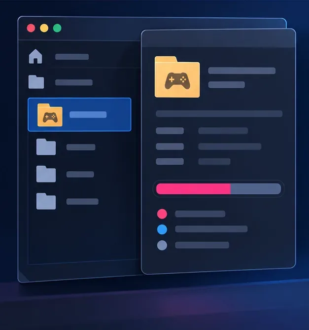 ゲームフォルダが選択され、ストレージ容量を示すプロパティパネルが表示された、一般的なファイルマネージャーのイラスト。