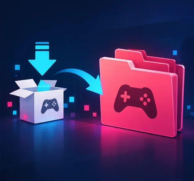 小さなゲームのダウンロードパッケージを開くと、より大きなゲームフォルダが表示される。これは、ダウンロードサイズとインストールサイズの違いを示している。