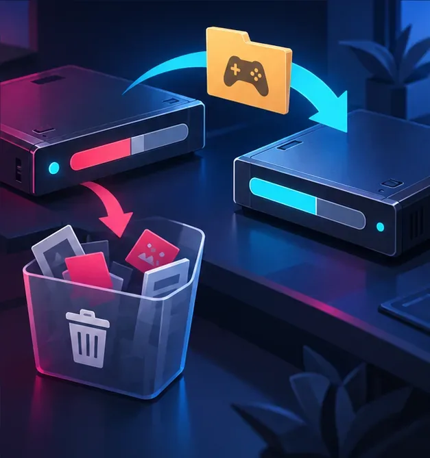 不要なファイルを削除し、ゲームフォルダを空き容量の多いドライブに移動することで、PCのストレージ容量を解放する様子をイラストで示しています。