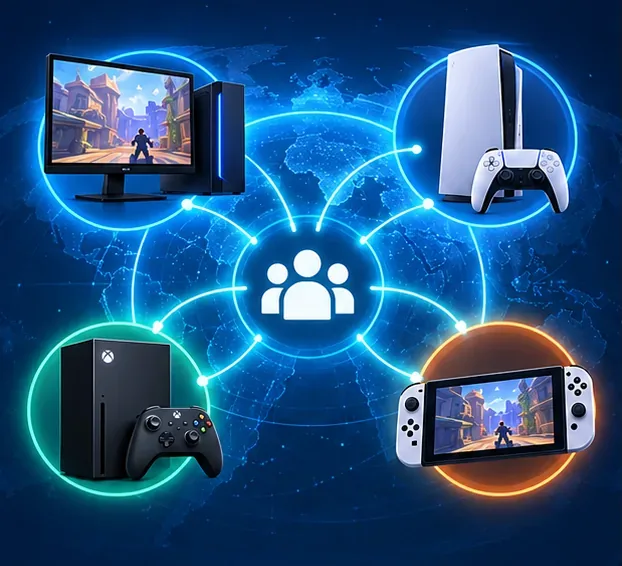 Jogadores de Overwatch no PC, PlayStation, Xbox e dispositivos portáteis conectados por meio de uma rede multiplataforma compartilhada.