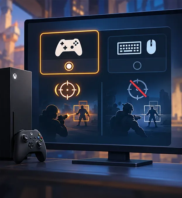 Seletor de pool competitivo comparando a assistência de mira do controle com o pool de mouse e teclado, onde a assistência de mira está desativada.