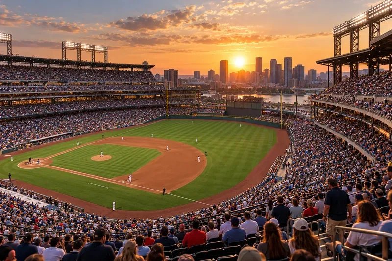 Fans watch a baseball game at a full stadium during sunset