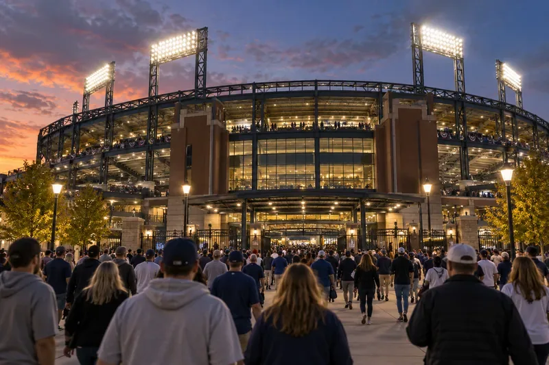 Fans enter a large baseball stadium at dusk before a game