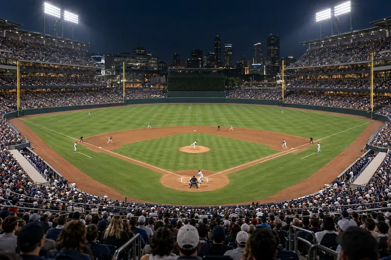 A night baseball game viewed from behind home plate with fans filling the stands