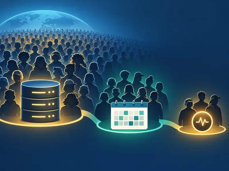 A large registered player crowd narrows to a smaller calendar group and a few players beside a live activity pulse.