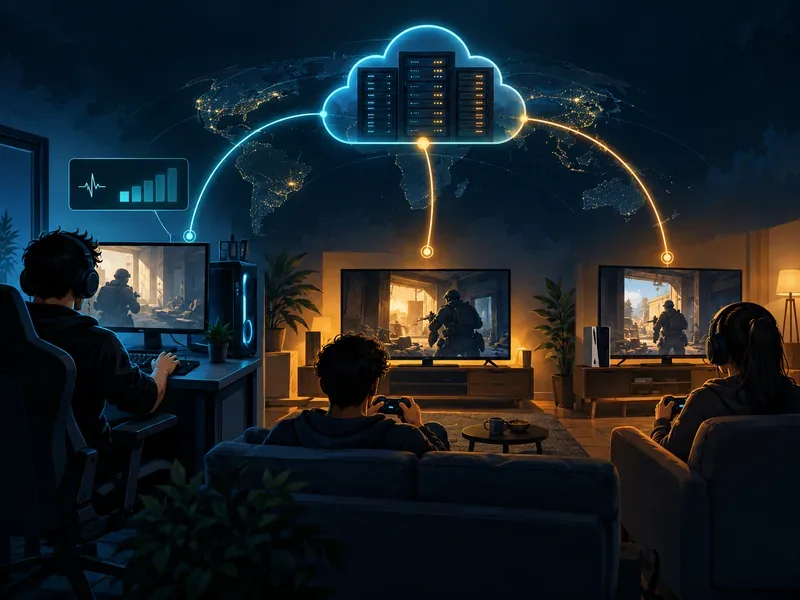 PC and console players connect to a shared multiplayer server, with a live activity panel beside the PC setup.