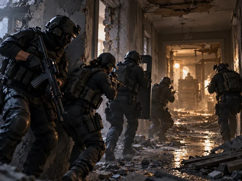 A tactical shooter squad advancing through a damaged building interior, illustrating Siege’s coordinated team play.