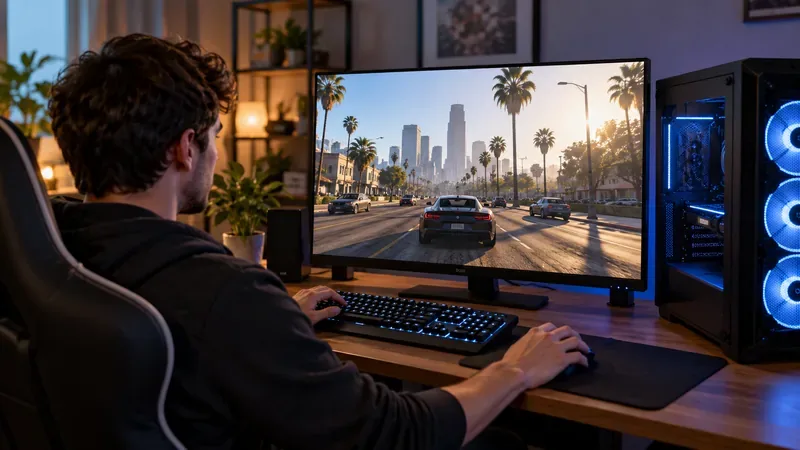 Jogador de PC em uma mesa com uma torre iluminada e um monitor exibindo uma cena de direção em uma rua da cidade ladeada por palmeiras.