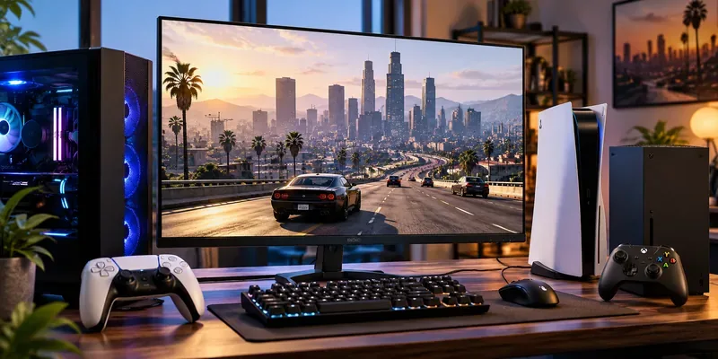 Mesa de jogos com um gabinete de PC, consoles PS5 e Xbox ao redor de um monitor exibindo uma cena de pôr do sol dirigindo pela cidade.